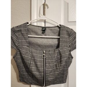 Wild Fable Plaid Crop Top Black White Checkered Front Zip Square Neck XS
